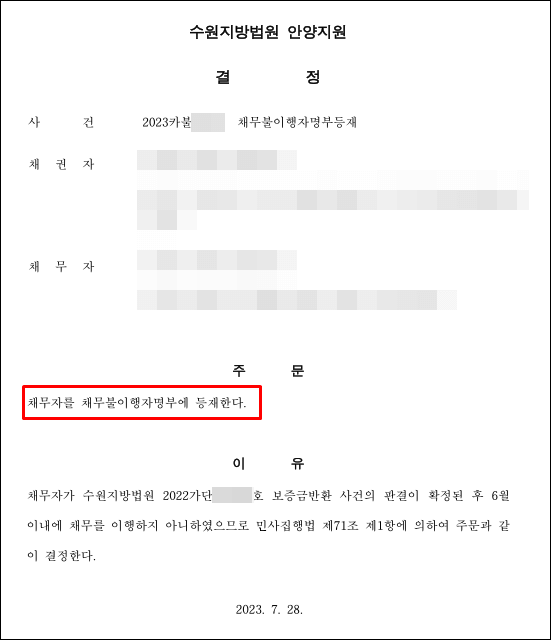 채무불이행자명부-결정문